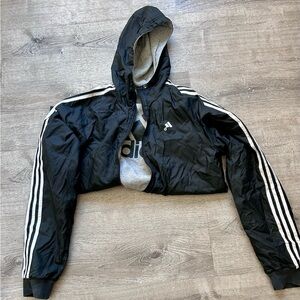 adidas Black Bomber Jacket with Hood and White Stripes